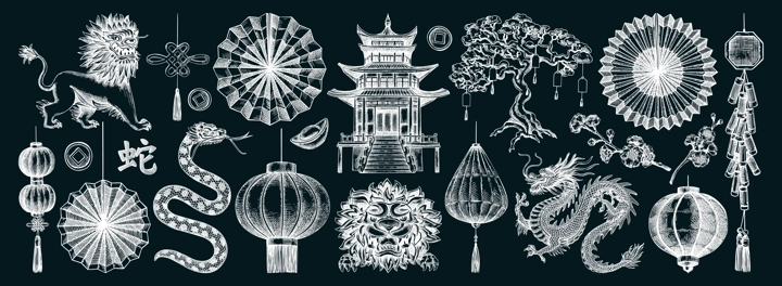 Traditional China chalk drawing set. Chinese New Year decoration. Hand-drawn vector illustrations. NOT AI generated